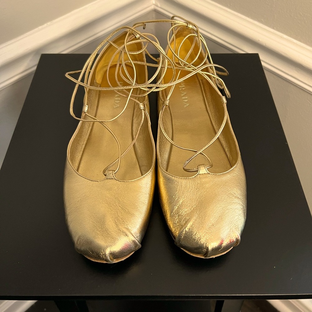 Prada Gold Metallic Leather Ankle Wrap Lace Ballerina Flats